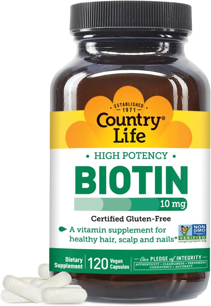 Country Life High- Potency Biotin 10mg - Vegan & Gluten- Free Biotin Supplement for Skin & Nails, Energy Metabolisme - Biotin 10000mcg kapsler