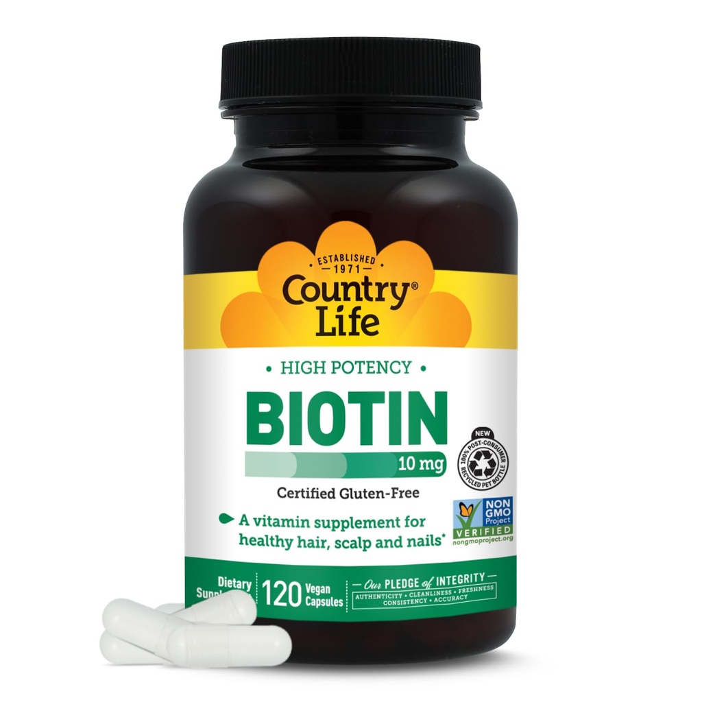 Country Life High- Potency Biotin 10mg - Vegan & Gluten- Free Biotin Supplement for Skin & Nails, Energy Metabolisme - Biotin 10000mcg kapsler