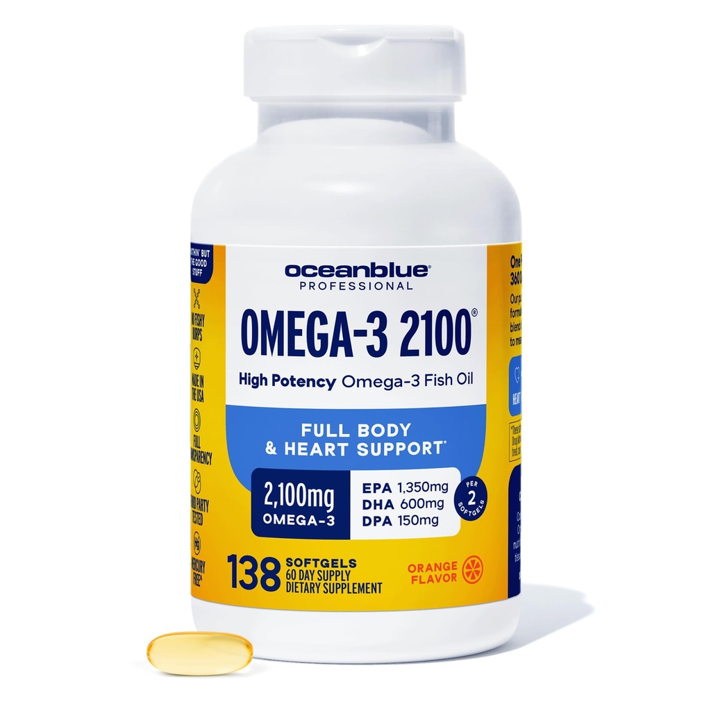 Oceanblå Professional Triple Strength Omega DPA Fish Oil Supplements 2100mg, High Potency EPA DHA, Wild fanget, Burpless, 69 Servering (138 Count Natural Orange Flavor)