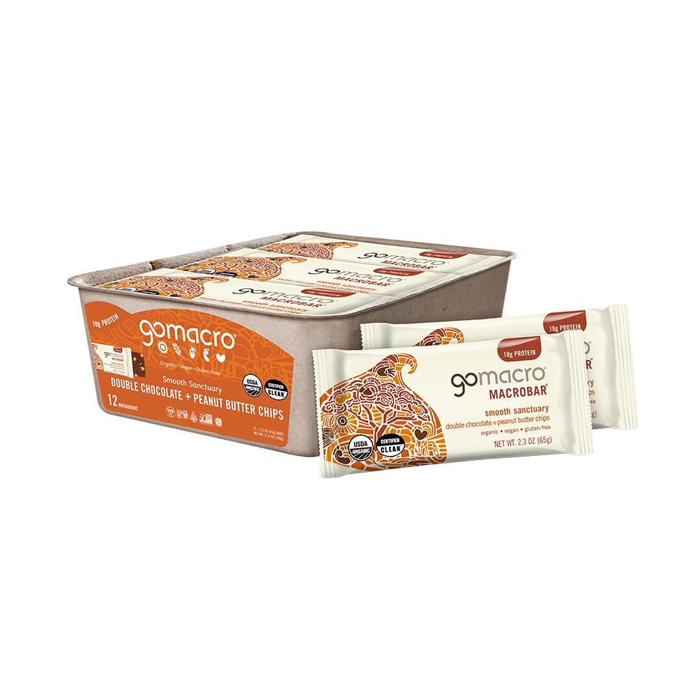 GoMacro MacroBar Organic Vegan Protein Bars - Double Chocolate + Peanut Butter Chips (2.3 Ounce Bars, 12 Greve)