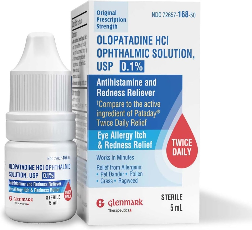 Glenmark Therapeutics Olopatadine Eye Drops for Allergier, Rødme Relief, Antihistamin Eye Drops, Allergi Relief fra Pet Dander, Pollen, Grass, Ragweed, Arbejder i minutter, Olopatadine HCl 0,1%, 5ml