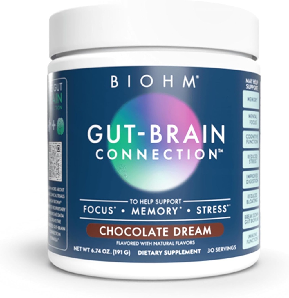 BIOHM Gut- Brain Connection Memory & Focus Supplement (6.74 Oz, 30 Servere) Understøtter Gut Sundhed & Kognitive Well- Being, Hjælper Enhance Mood, Probiotika, Lions Mane & Bacopa Monneiri, Chokolade Flavor