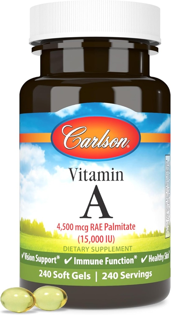 Carlson - vitamin A, 15000 IE Palmitat (4500 mikrogram RAE), Vision Health & Sund Hud, immunfunktion, 240 Softgels