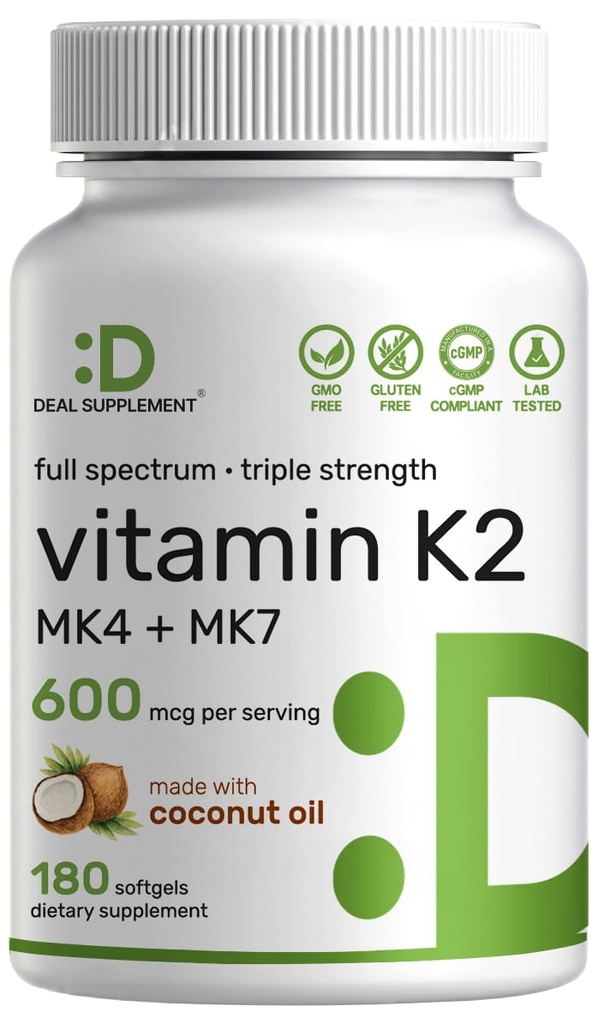 DEAL SUPPLEMENT Vitamin K2 Supplement 600mcg, 180 Coconut Oil Softgels against 124; Fuld Spektrum Høj Absorption MK- 7 & MK-4 Formler MK- 124; Knogler, Fælles, & immunforsvar - Non- GMO