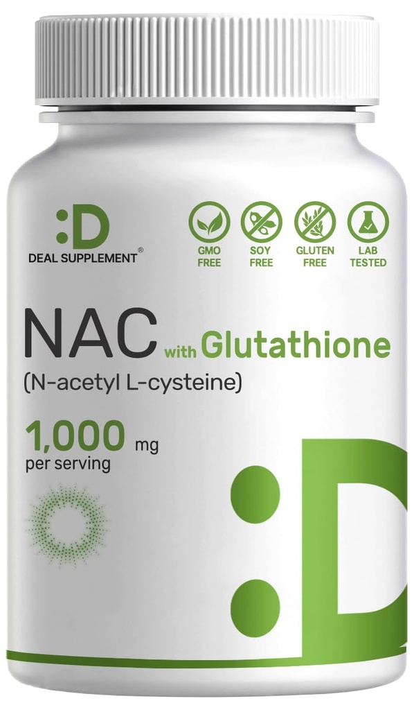 DEAL SUPPLEMENT NAC Supplement (N- acetyl cystein) 1.000mg per servering med reduceret glutathion, 240 kapsler - Antioxidant Support for immunforsvar, Lung, og lever funktion