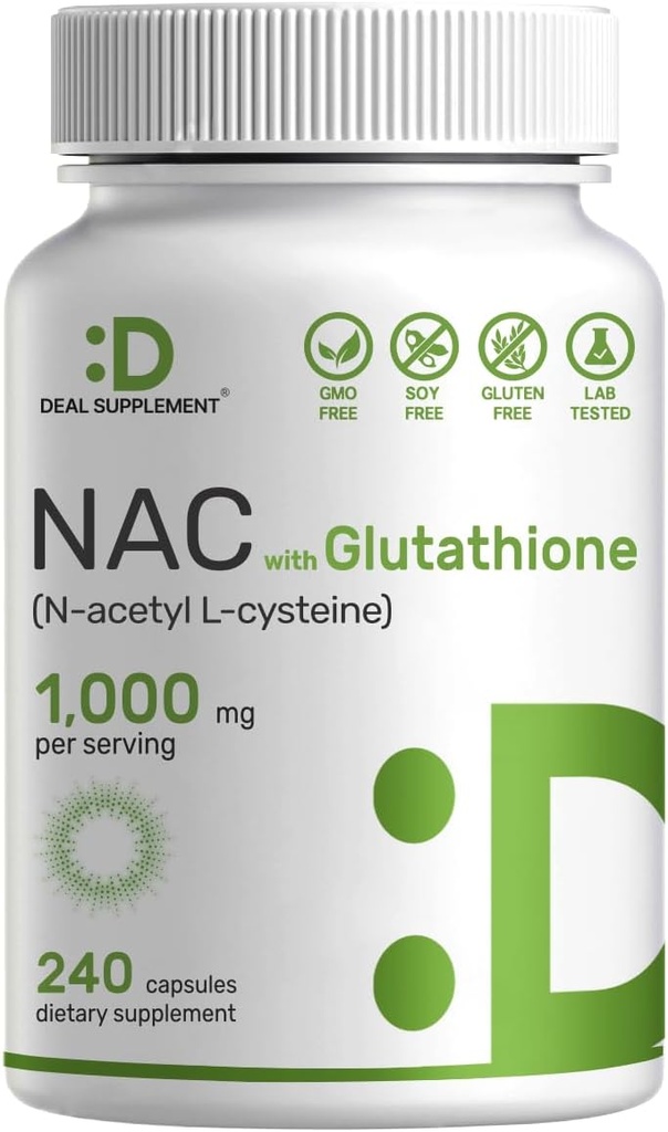 DEAL SUPPLEMENT NAC Supplement (N- acetyl cystein) 1.000mg per servering med reduceret glutathion, 240 kapsler - Antioxidant støtte til immunsundhed, Lung, og lever funktion