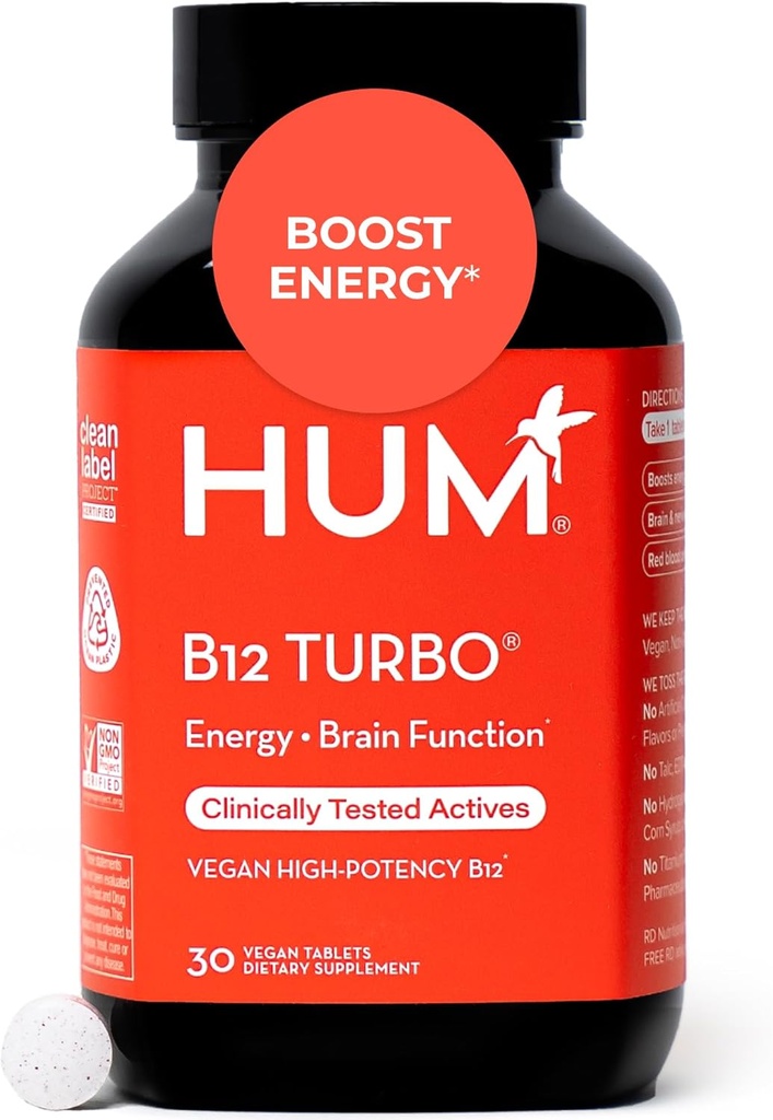 HUM B12 Turbo, Vitamin B12 supplement, Daglig energistøtte, Calcium til ben sundhed, B- 12 Vitamin Energy Kosttilskud, Gluten Free, Vegan, Non GMO, 30 Vegan High Potency Tablets