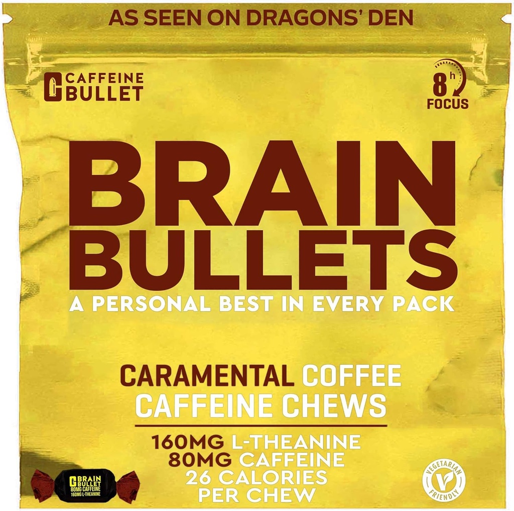 80mg Koffein & 160mg L- Theanine Focus Enhancing Energy Chews (40 Servere) - Neuroscience Backed Nootrope Stack, Mental Acuity & Cognitive Support Buddy 124; Caramel Frappe Flavor Brain Bullet