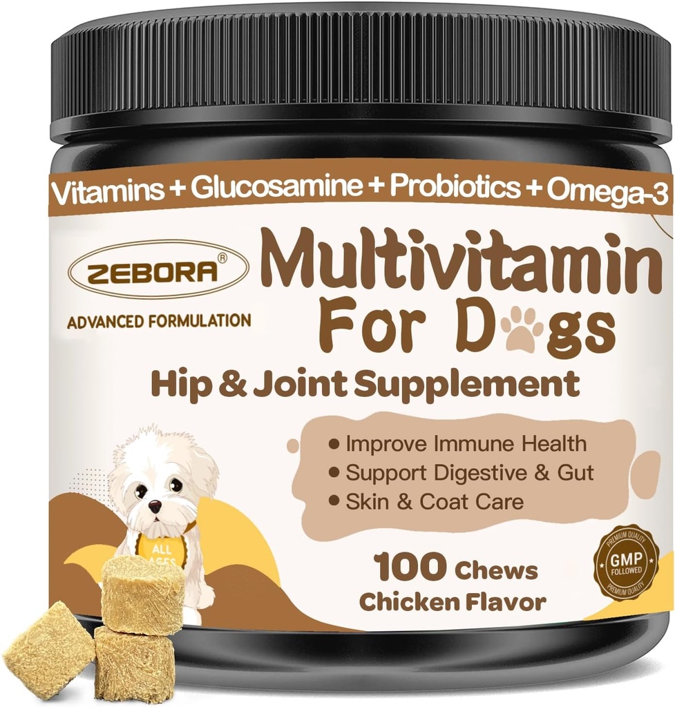 Hund Multivitamin med mineraler for den samlede sundhed - Hund vitaminer og kosttilskud med Glucosamin, Probiotika til hvalpe og ældre hunde med mineraler - Omega 3 Fish Oil for hud & Coat - 100 Chews