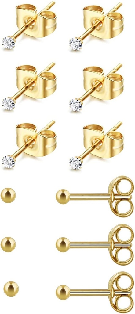 6Pairs 2mm/3mm Surgical Steel Hypoallergenic Piercing Studs, 20G 14K Real Gold Filled Tiny Stud Earrings Set for Multiple Hole Piercing (Cubic Zirconia, Pearl, Ball)