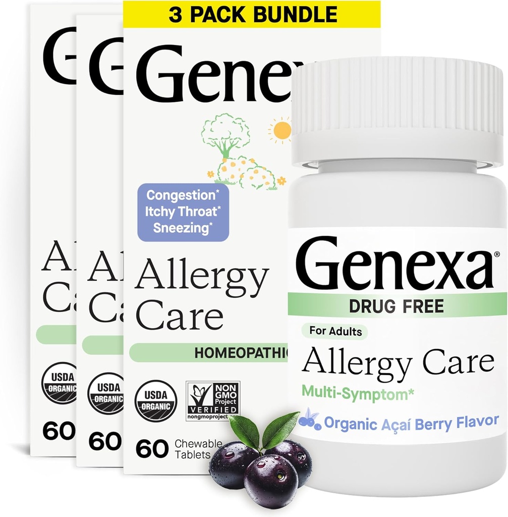 Genexa Allergy Care Remote 124; Drug Free, Non- Drowsy Allergy & Decongestant Relief for voksne Remote 124; Vegan & Non- GMO Remote 124; Homøopatisk Allergy Relief Made Clean 124; Organic Acai Berry Flavor 124; 180 tyggetabletter