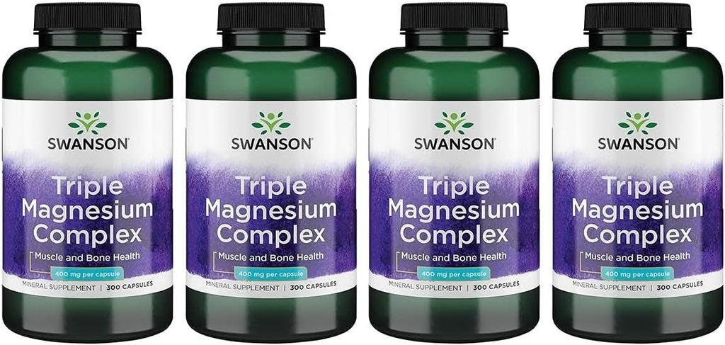 Swanson Triple Magnesium Complex - Mineral Supplement - Natural Support - Med Citrate, Oxide & Aspartat - (300 kapsler, 400mg hver, 4 pakke)