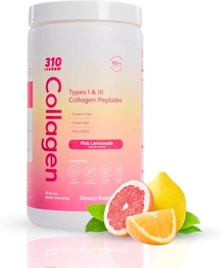 310 Nutrition Hydrolyzed Collagen Peptider Pulver til kvinder & mænd - Grass- Fed Collagen Supplement w / Hyaluronsyre, Resveratrol, C-vitamin, D & E for hud, hår og negle - 30 SRV Pink Lemonade
