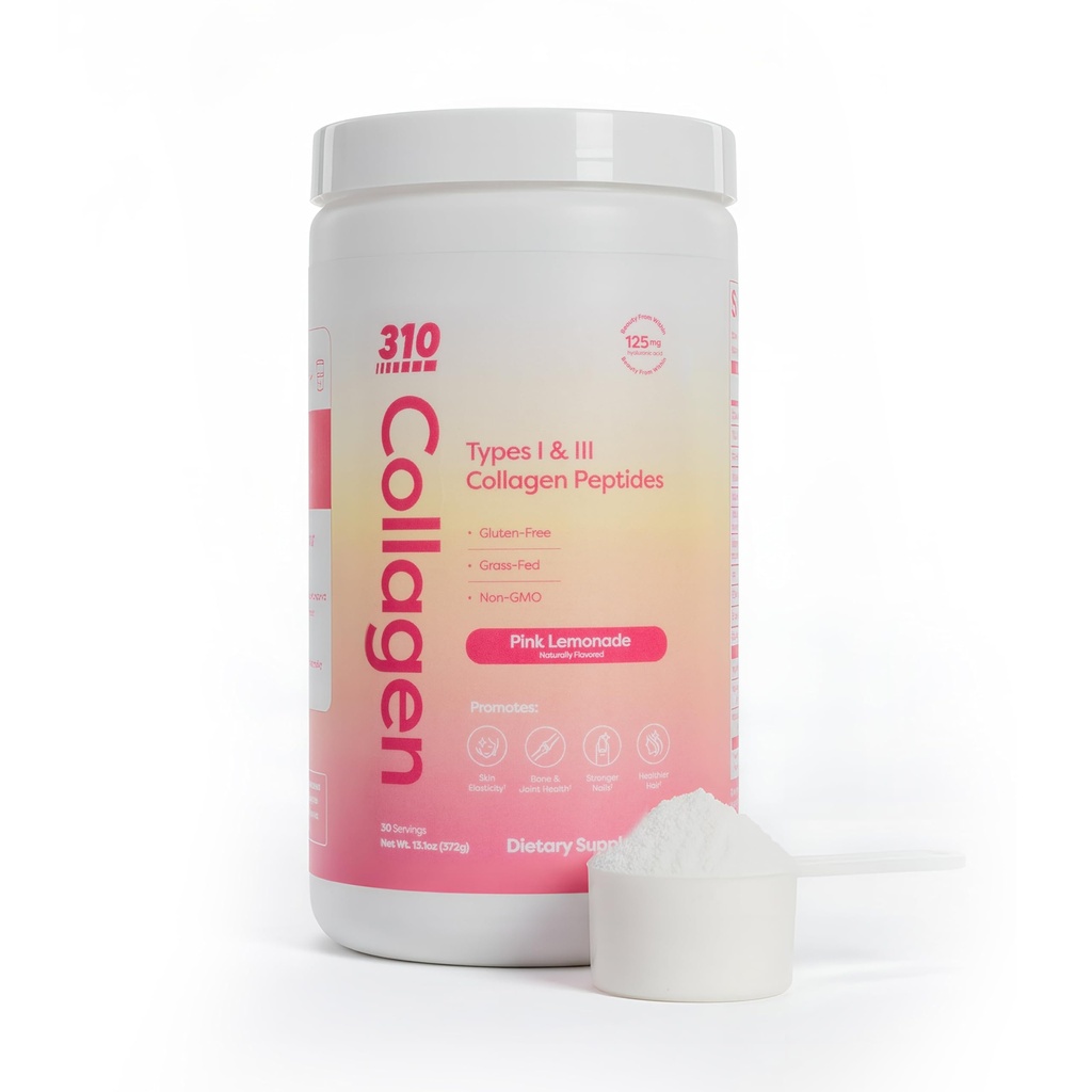310 Nutrition Hydrolyzed Collagen Peptider Pulver til kvinder & mænd - Grass- Fed Collagen Supplement w / Hyaluronsyre, Resveratrol, C-vitamin, D & E for hud, hår og negle - 30 SRV Pink Lemonade