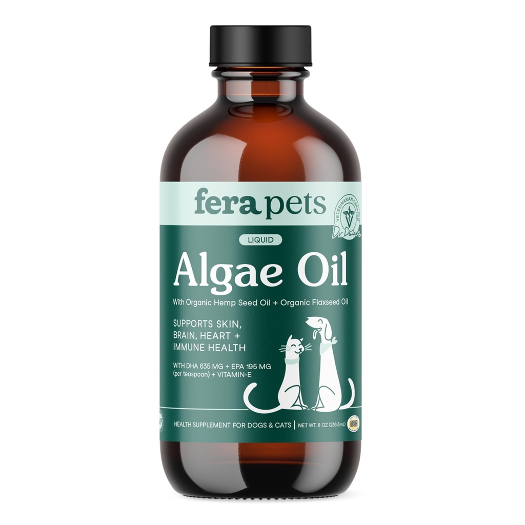 Fera Kæledyr Algae Oil - Katte & Hunde Omega 3 Olie - Vegan - Immunum, Heart, Brain, Hud og Coat Support - Inkluderer E-vitamin, Organic Hamp Seed & Flaxseed Oil - 100% Plant Based Omega- 3s - 8 oz