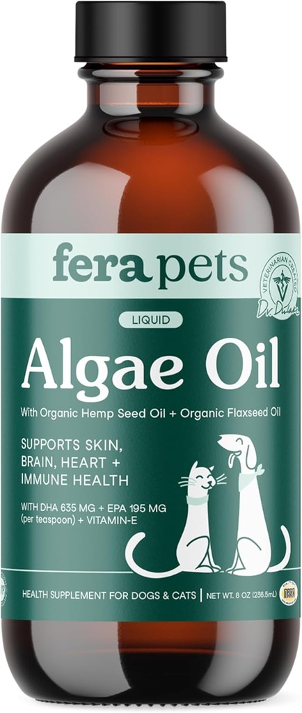 Fera Kæledyr Algae Oil - Katte & Hunde Omega 3 Olie - Vegan - Immunum, Heart, Brain, Hud og Coat Support - Inkluderer E-vitamin, Organic Hamp Seed & Flaxseed Oil - 100% Plant Based Omega- 3s - 8 oz