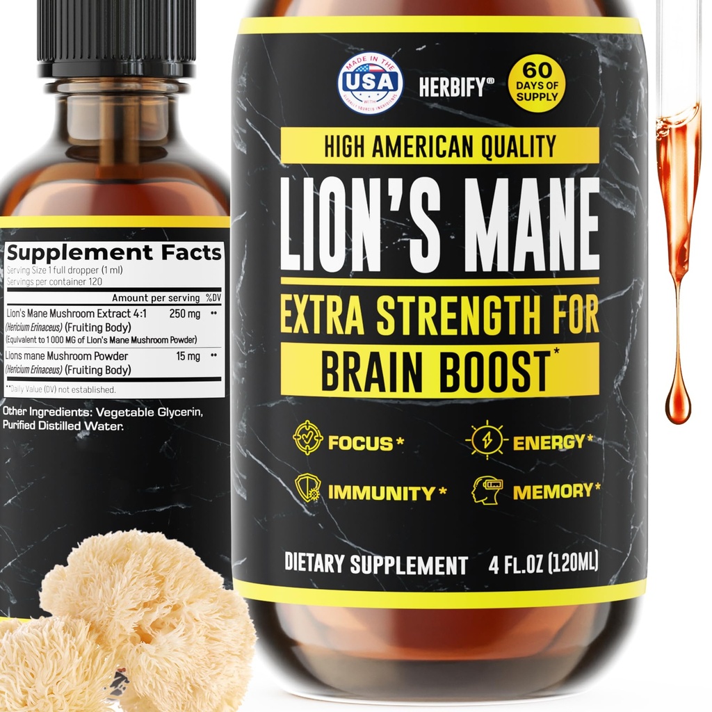 HERBIFY Lions Mane Supplement - Daglig Mushroom supplement til hukommelse, fokus og klarhed - Brain Booster - Lions Mane tinktur for immunforsvar - 4 Fl oz