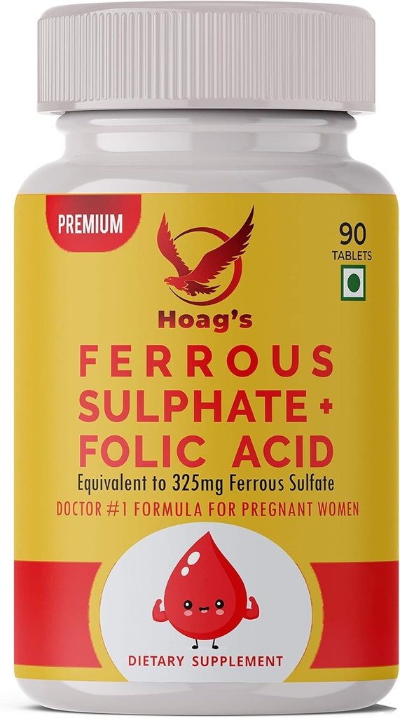 Hoag 's Iron 65mg Ferrosulfate med Calcium & folsyre Supplement Support Red Blood Cell Production - 90 Veg Tablets