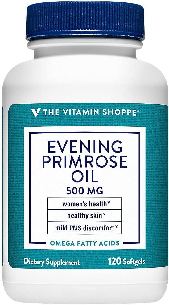 The Vitamin Shoppe Evening Primrose Oil 500MG, Natural Source of GLA (Gammia Linolensyre), Supplement for kvinders sundhed & Hormonal Balance (120 Softgels)
