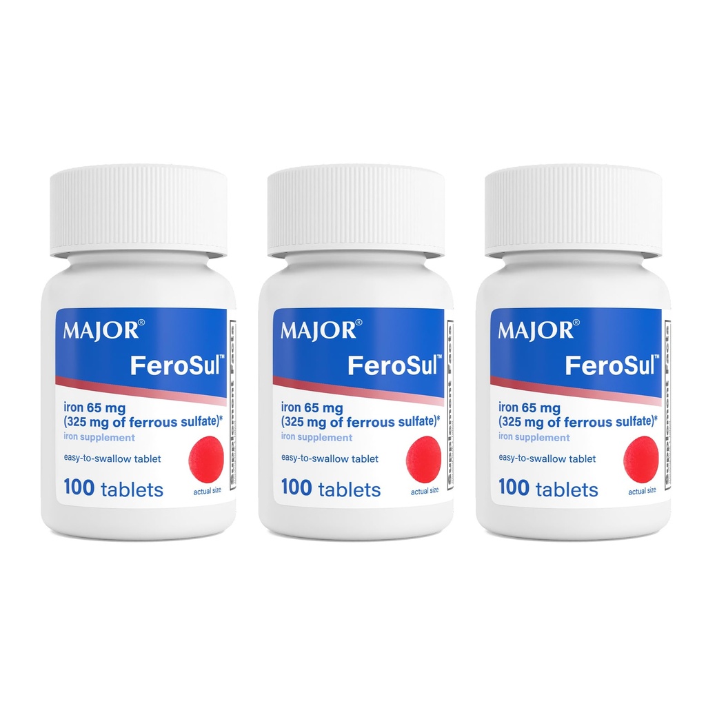 MAJOR Ferosul - Ferrosulfate 325mg tabletter med 65mg elementært jern - jerntilskud til kvinder, mænd - rød - 100 greve (3 Pack)