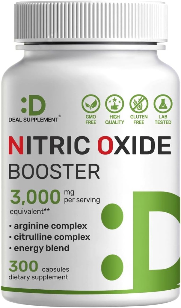 Nitric Oxide Booster 3,000mg Per Serving, 300 Capsules – 12 in 1 Nitric Oxide Supplement – Arginine & Citrulline Complex with Energy Blend – Marshmallow Root – Promotes Nutrient Flow to Muscles&Heart
