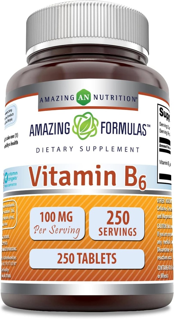 Amazing Formulas Vitamin B6 Supplement # 124; 100 Mg pr Servering # 124; Tablets # 124; Non- GMO # 124; Gluten- Gratis # 124; Fremstillet i USA (1 pakke, 250 Tæl)