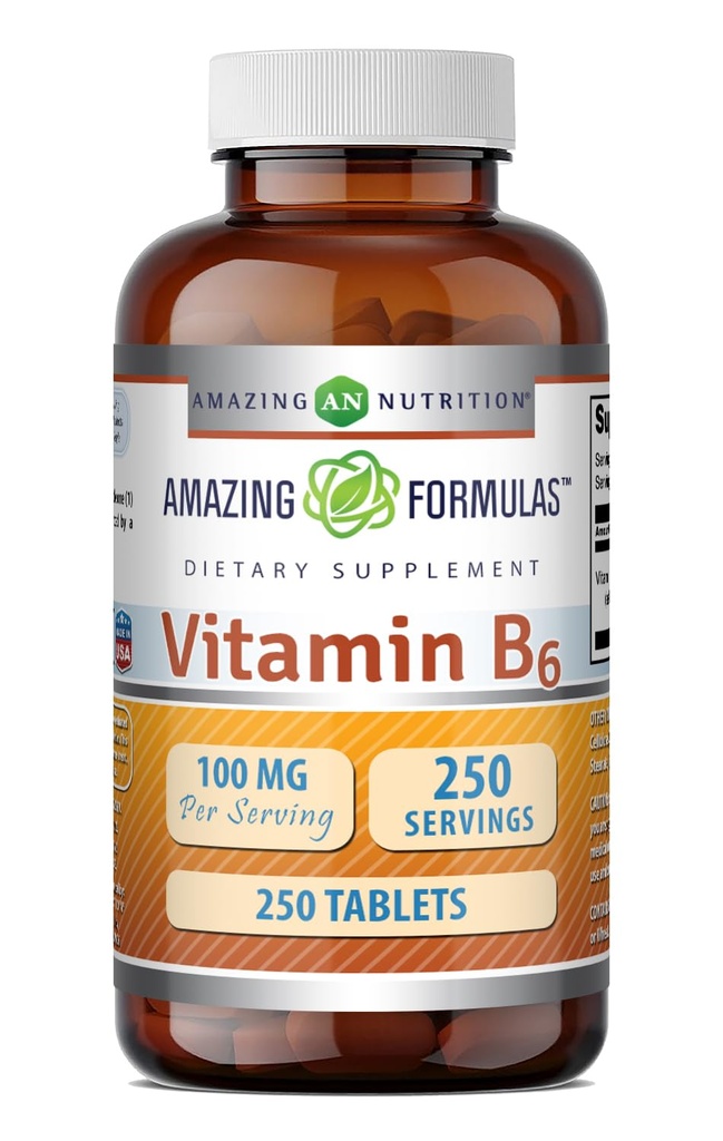 Amazing Formulas Vitamin B6 Supplement # 124; 100 Mg pr Servering # 124; Tablets # 124; Non- GMO # 124; Gluten- Gratis # 124; Fremstillet i USA (1 pakke, 250 Tæl)