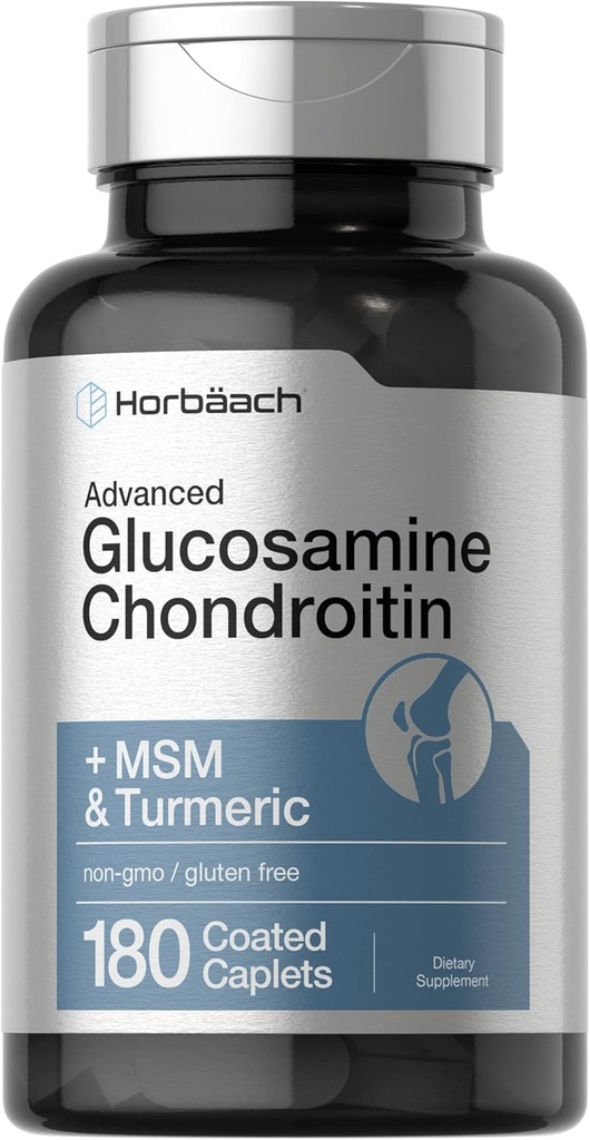 Horbäach Glucosamin Chondroitin Б124; Plus MSM & Turmerisk Б124; 180 Overtrukket Caplets Б124; Non- GMO, Gluten Free Supplement