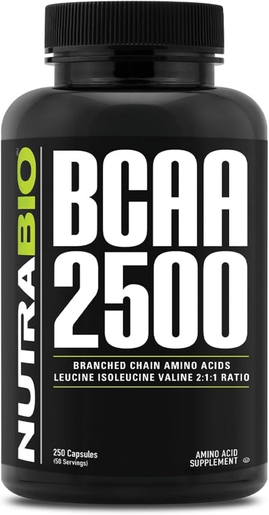 NutraBio – BCAA 2500 – Branched Chain Amino Acids – Support New Muscle Growth and Prevent Muscle Breakdown – 250 Capsules