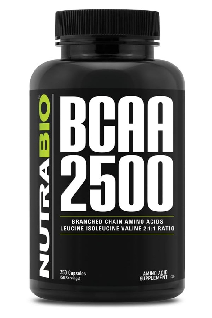 NutraBio - BCAA 2500 - Forgrenet kæde Aminosyrer - Støtte ny muskelvækst og forhindre muskelopdeling - 250 kapsler