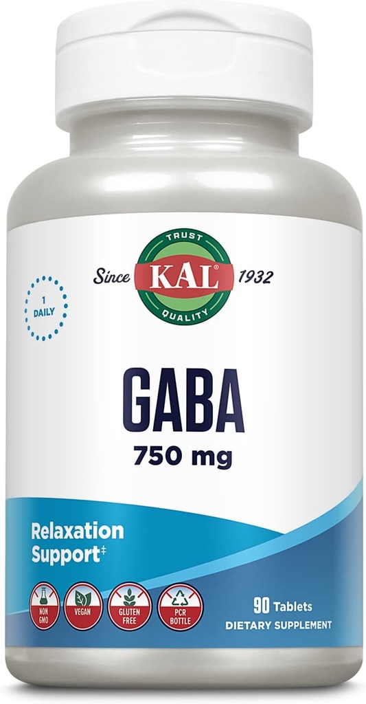 KAL GABA Supplement, Afslapning Support, GABA Kosttilskud til stress Relief Support, Vegan, Non- GMO, Gluten Free, Lab Verified, 60- Day Money- Back Garanti, 90 Servering, 90 tabletter