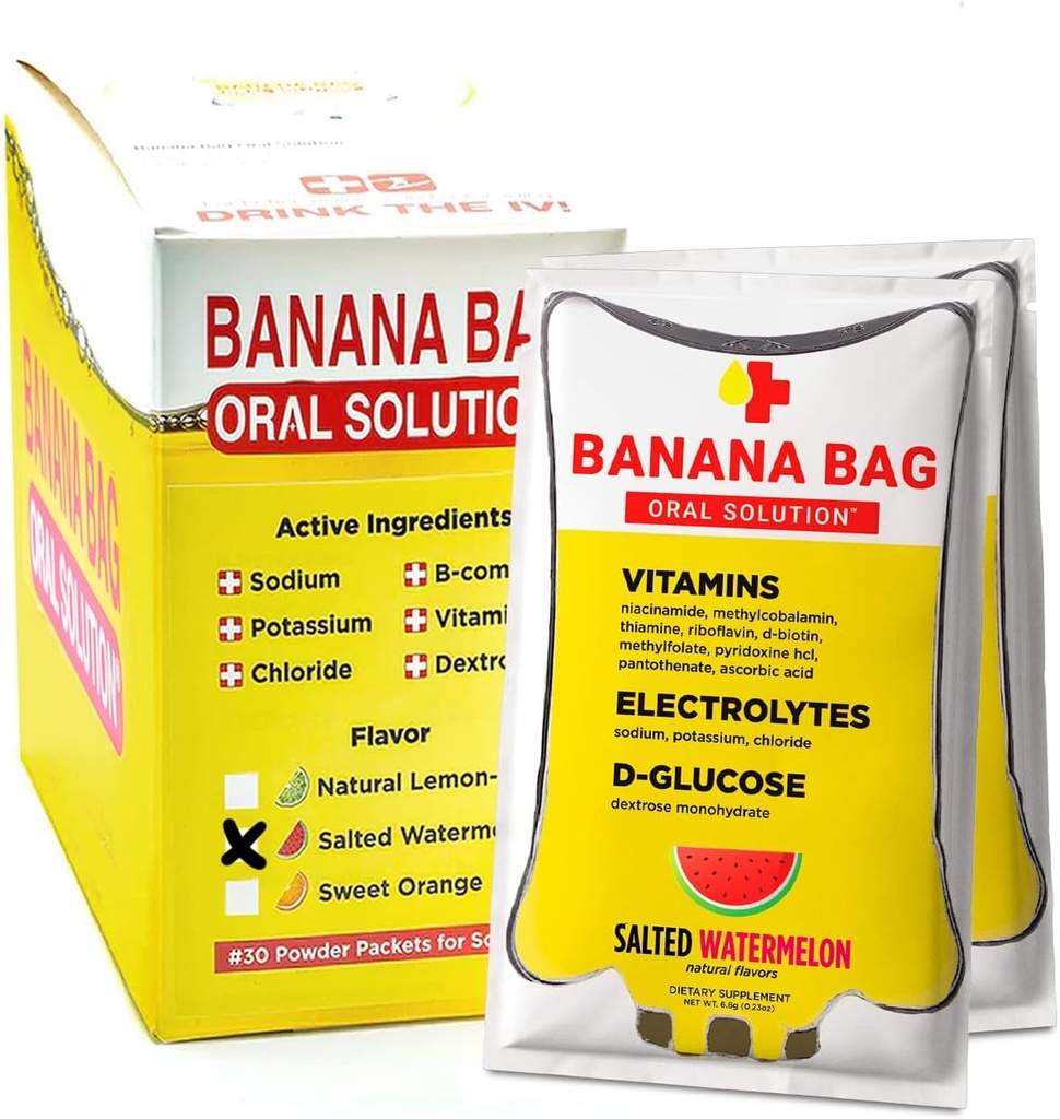 Bananpose Oral Solution Pakninger - Saltede Watermelon 30pk szág 124; En opfriskende blend af elektrolyter, C-vitamin, og B-kompleks til hydrering og energi. Praktisk, Easy- to- Mix, og perfekt til daglig brug.