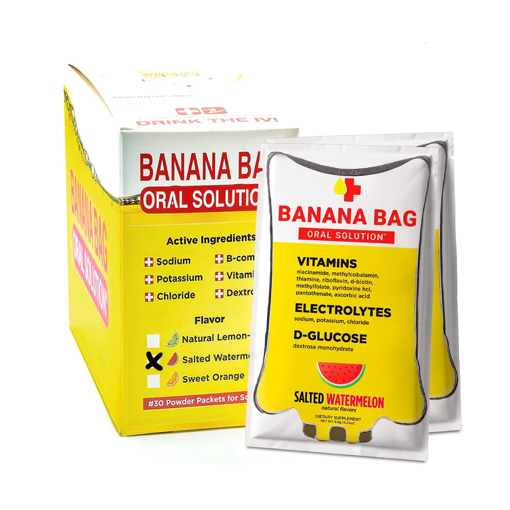 Bananpose Oral Solution Pakninger - Saltede Watermelon 30pk szág 124; En opfriskende blend af elektrolyter, C-vitamin, og B-kompleks til hydrering og energi. Praktisk, Easy- to- Mix, og perfekt til daglig brug.