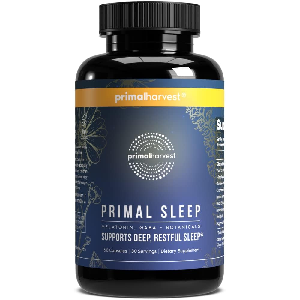 Primær Harvest Primær Sovestøtte supplement til voksne med Melatonin, GABA, Valerian Root, L- Tryptophan, Magnesium Bisglycinate Chelat, og kamille til dyb rolig søvn