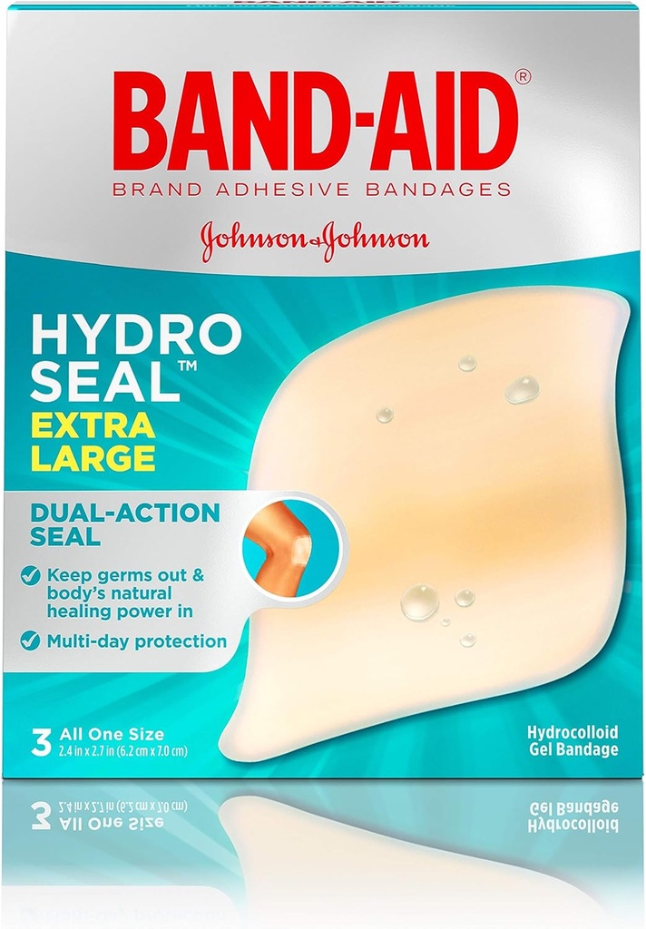 Band- Aid Brand Hydro Seal Adhesive Hydrocolloid Gel Bandager til Sårpleje & Blister Relief, Alle formål Vandtæt & Bruser Bevis Blister Pad, Steril & Long- Lasting, Ekstra stor, 3 ct