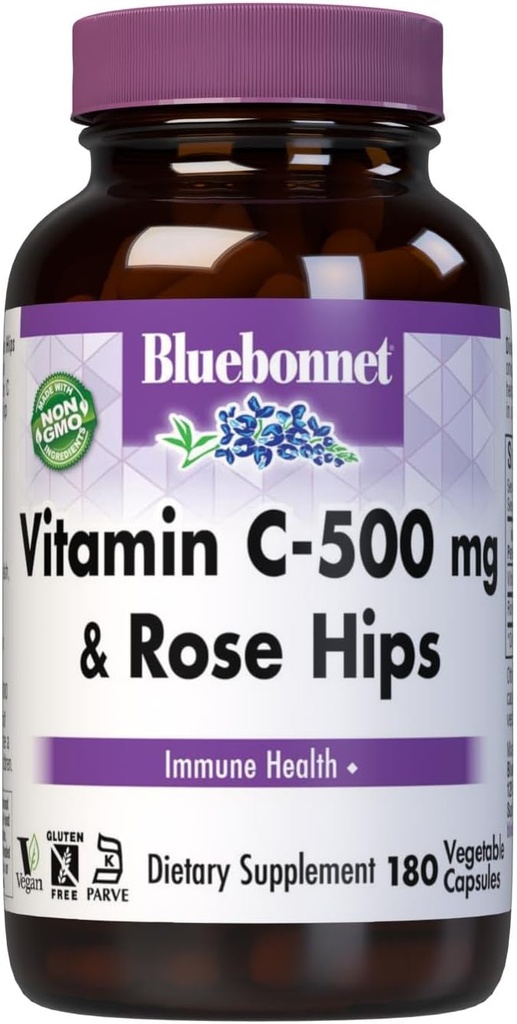BlueBonnet Vitamin C 500 mg Plus Rosehips Vegetabilske kapsler, 180 Tæl