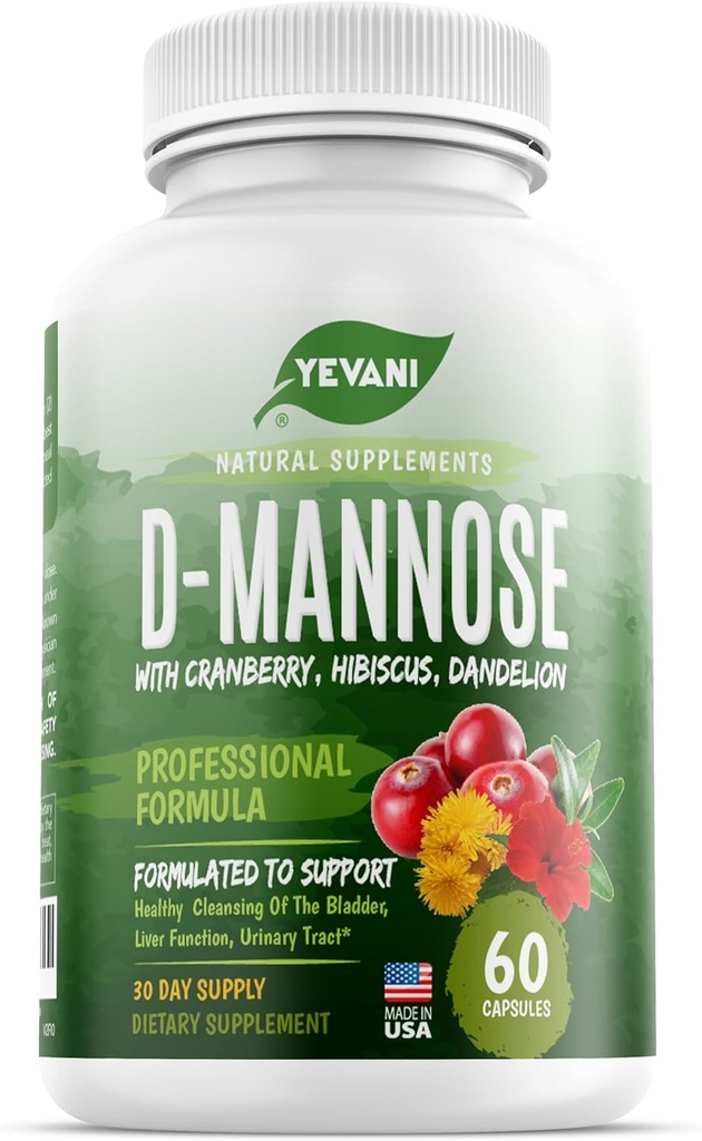 100% Pure D- Mannose Capsules 1000 mg med Cranberry, Hibiscus, og Mælkebøtte ekstrakt, Fast fungerende Professional UTI Prevention Formel for Urinary Tract Health and Brege Support