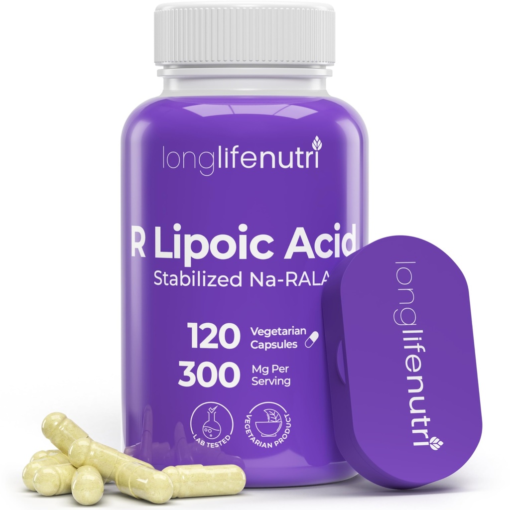 LongLifeNutri Stabilized R- Alpha Lipoic Acid 300mg - High Potency Na- RALA Supplement for cellulær energi & Metabolic Funktion, 120 Vegetariske kapsler, 4- Måned Supply, GMP Certified, Made in USA