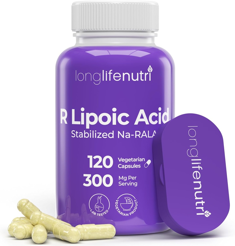 LongLifeNutri Stabilized R- Alpha Lipoic Acid 300mg - High Potency Na- RALA Supplement for cellulær energi & Metabolic Funktion, 120 Vegetariske kapsler, 4- Måned Supply, GMP Certified, Made in USA