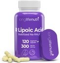 LongLifeNutri Stabilized R- Alpha Lipoic Acid 300mg - High Potency Na- RALA Supplement for cellulær energi & Metabolic Funktion, 120 Vegetariske kapsler, 4- Måned Supply, GMP Certified, Made in USA