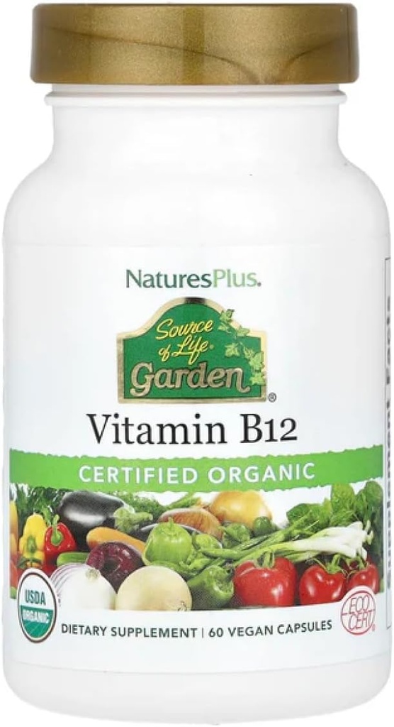 Natures Plus Kilde of Life Garden Certified Organic Vitamin B12- 1000 mcg methylcobalamin, 60 Vegan Kapsler - Whole Food Vitamin B12 Supplement - Energy Boost - Vegetar, Gluten- Free - 30 Servere