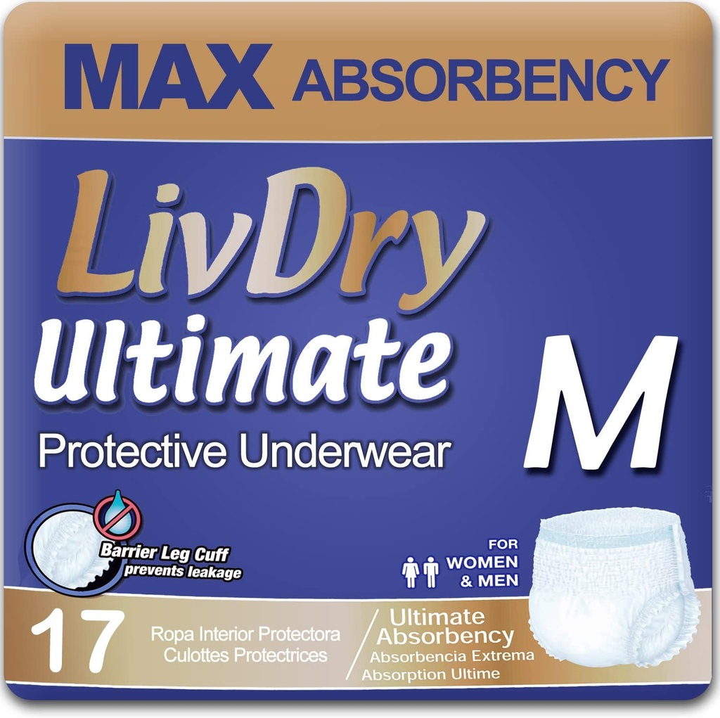 LivDry Ultimate Voksen Inkontinens Undertøj, Max Absorbent Voksen bleer med læk Beskyttelse, Medium, 17- Pack