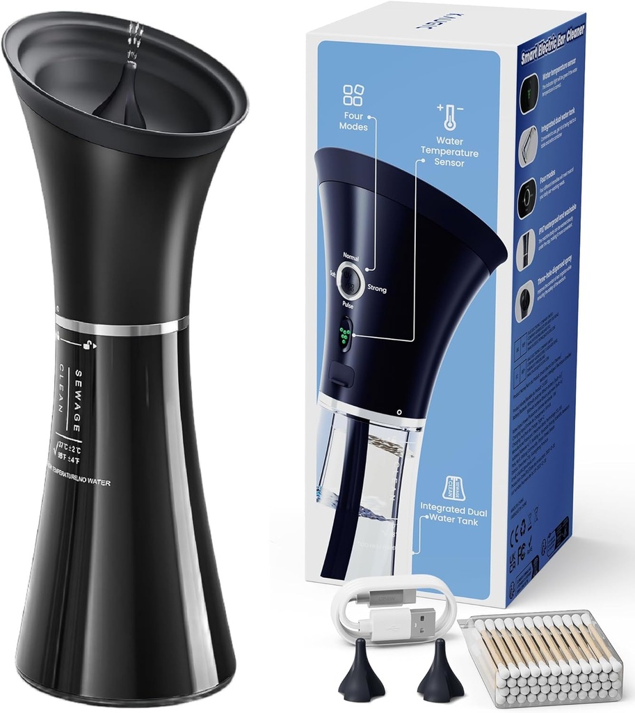 Opgraderet Ear Wax Fjernelse med One- stykke Affald Tank, Sikker Renere med vand temperatur sensor, Effektiv Øre kunstvanding Kit & USB- til C kabel, IPX7, Sort