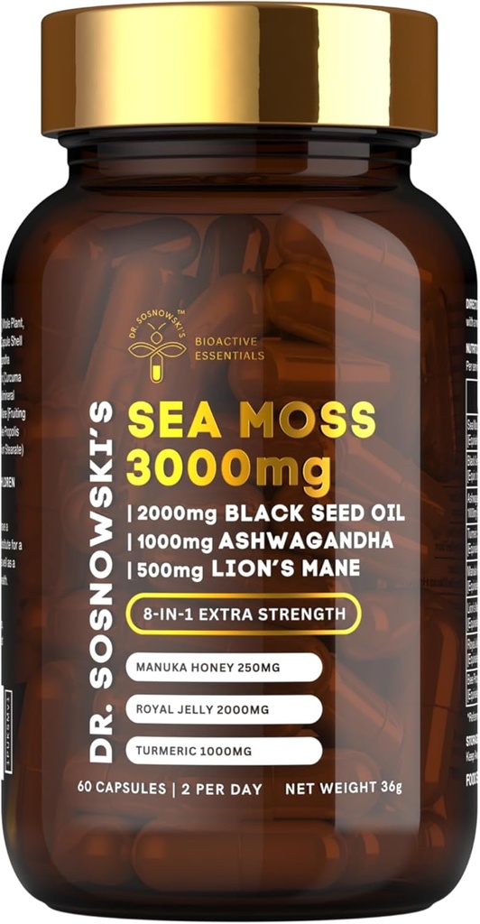 Dr. Sosnoski 's BioActive Sea Moss (124; 8-in-1 Formel Beriget med sort frø, Ashwagandha, gurkemeje, Manuka Honey, Lion' s Mane, Royal Jelly, Bee Propolis Extract 124; 60 Kapsler