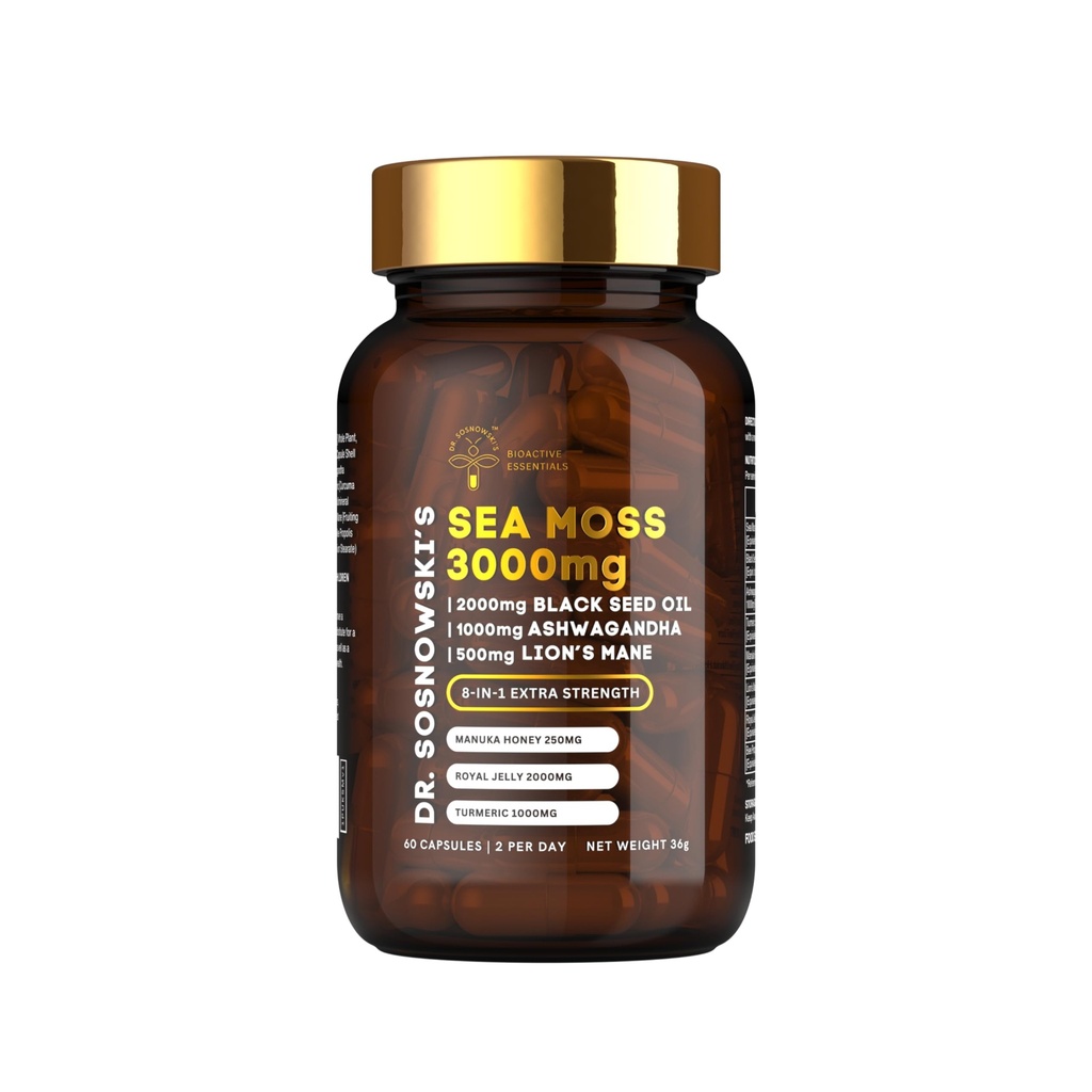 Dr. Sosnoski 's BioActive Sea Moss (124; 8-in-1 Formel Beriget med sort frø, Ashwagandha, gurkemeje, Manuka Honey, Lion' s Mane, Royal Jelly, Bee Propolis Extract 124; 60 Kapsler