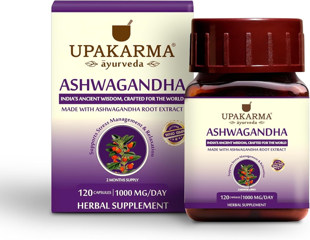 UPAKARMA Ashwagandha | 60 Day Supply | Pure Extract Based 1000 mg per Serving | Lab Tested, R&D Backed, 120 Vegan Capsules, Supplements for Stress Relief and Energy Support