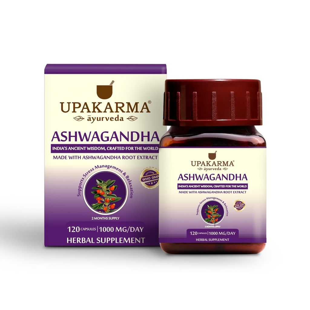 UPAKARMA Ashwagandha against 124; 60 Day Supply Measures 124; Pure Extract Based 1000 mg per Serving Measures 124; Lab Testet, R & D Bakket, 120 Veganske kapsler, Kosttilskud til stress Relief og energistøtte