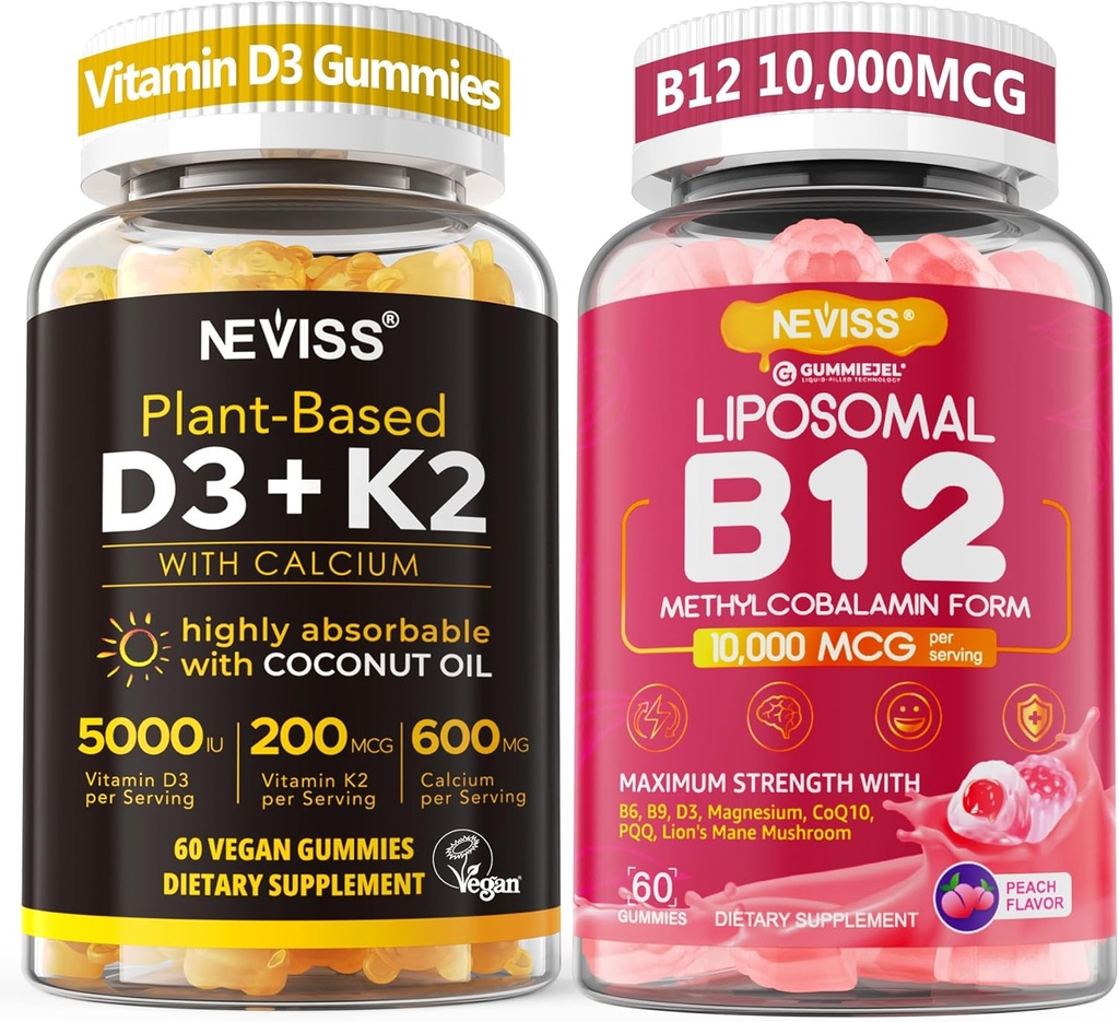 NEVISS 2Pack Vitamin D3 5000iu & K2 (som MK7) 200mcg Gummies + 600mg Calcium + 1 Pack Liposomal Methyl B12 5000 mcg / 10000 mcg