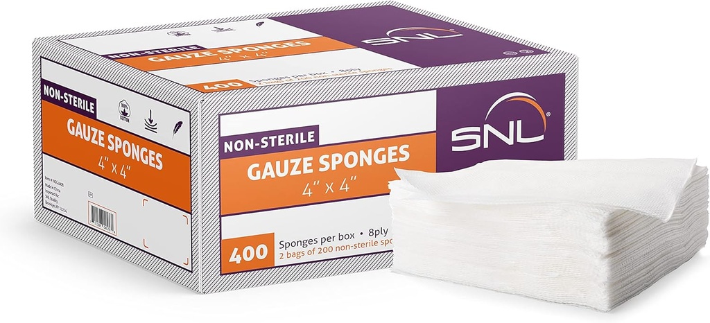 All-purpose Gauze - 4 "X 4" - Box af 400 - af SNL Kvalitet, Non- sterile, Latex Gratis, Gauze Sponge Pads, 8 Ply - (2x 200 pakker indeni), Ideel til førstehjælp, Skønhed Applikator, Absorbent Klædning Bandage