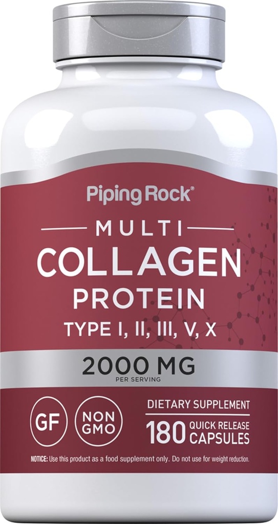 Piping Rock Multi Collagen Protein Kapsler er 124; 180 Tæller er 124; 2000mg er 124; Type I, II, III, V, X er 124; Complex Blend er 124; Non- GMO, Gluten fri